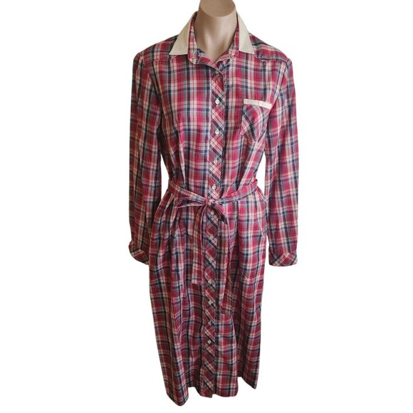Vintage Lanz 1970s Belted Shirt Dress Western Red White Plaid Print Size 11/12 - Picture 3 of 16